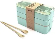 Eco-Friendly Compact Bento Lunch Box Set with Spoon, 3-in-1 Compartment Stackable Meal Prep Containers for Kids & Adults, Wheat Straw, Leakproof Green