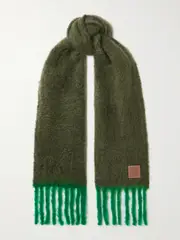 [LOEWE] LOEWE - Fringed Leather-trimmed Mohair-blend Scarf - Green - One size One size Green