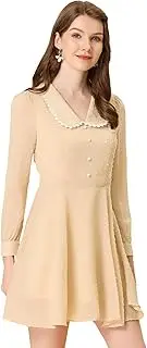 [Allegra K] Women's Peter Pan Collar Crochet Trim Long Sleeve Swiss Dots Retro Mini Dress