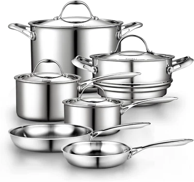 Stainless Steel Kitchen Cookware Sets 10-Piece, Multi-Ply Full Clad Pots and Pan