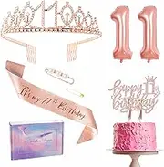 Rose Gold 11th Birthday Decorations for Girl 11th Birthday Sash and Tiara Set, 11th Birthday Party Sash Crown Birthday Cake Topper Number 11 Foil Balloons Candles, 11th Birthday Gifts for Her Girl