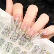 LIFOOST Glitter Gel Nail Strips French Tip Clear Gel Nail Art Stickers 20 Extra-Long Gel Manicure Strips No Need UV Nail Lamp