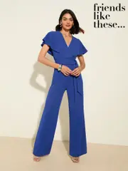 Friends Like These Cobalt Blue Short Frill Sleeve Scuba Wrap Jumpsuit (H27126) | $120
