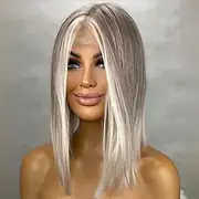 FENJUN HAIR Ombre Platinum Blonde White Balayage Highlights Highlights Dark Grey Heat Resistant Lace Front Silky Straight HD Transparent Lace Futura Japanese Synthetic Hair Wig for Women