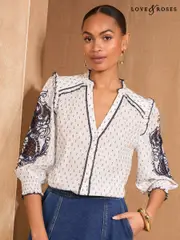 Love & Roses Ivory Pie Crust Detail 3/4 Sleeve Blouse (F01897) | $90