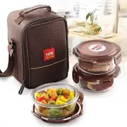 Cello Maxfresh Glassy Seal O Fresh Round Glass Lunch Box, Brown, 400 ml, Set 3