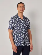 Hawes & Curtis Navy & White Floral Pure Linen Slim Shirt | Short Sleeve | Revere Collar Size: Small