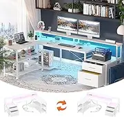 Aheaplus 66" Reversible L-Shaped Desk with Monitor Stand & Storage Shelf, Gaming Desk with LED Strip, White