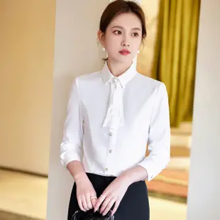 Miguo_高級感白色雪紡襯衫女 長袖款 釘珠設計感別緻上衣 職業襯衣 通勤OL襯衫 純色襯衫 白襯衫