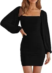 [MEROKEETY] Women Square Neck Lantern Long Sleeve Mesh Ruched Bodycon Clubwear Mini Dress