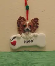 Personalized Dog Breed "Papillion"On A Bone Christmas Tree Ornament Holiday Gift