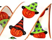 Halloween 2.5" by 5 yard Patterned Hats Orange Jack-o-lantern Wired Ribbon NEW