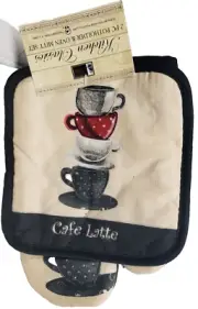 2pc Kitchen Set: 1 Jumbo Pot Holder & 1 Oven Mitt, STACK OF COFFEE CUPS,black,BH