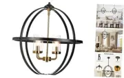 4-Light Black Orb Chandelier, 20" Black and Gold Globe Pendant Light,