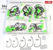 50x Weedless Worm Hook + 50x Glow bead for soft lure & bait Salmon Snapper Bream