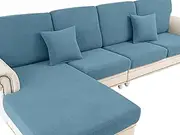 LA MEACK Couch Cushion Covers for Sectional Sofa L Shape Washable Separate Seat Chaise Couch Cover Stretch Sofa Slipcovers with 2 Pcs Pillowcases(3 Seater + 1 Chaise, Blue)