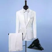 2 PCS Men's Rhinestone Lapel Coat Pants Suits Wedding Formal Costume One Button