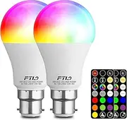 FTL Colour Changing Light Bulb with Remote Control, RGB B22 Bayonet 8W LED Bulb 60W Equivalent Dimmable A60 Multicolour Light Bulb for Home Decoration Party Mood Lighting 2-Pack