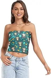 [RPLIFE] Cute Monkey Green Crop Tube Top Womens Strapless Top, Mesh Tube Tops, Trendy Crop Tops (S)