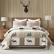 Uniclinens 100% Cotton Quilts King Size - Farmhouse Cabin Lodge Bear Tree Elk King Quilt Set, Reversible Patchwork Plaid Bedspreads Lightweight Quilted Comforter with 2 Pillow Shams, Green/Brown/Cream