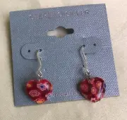 Sterling Silver And Red Multi Color Millefiori Heart Glass Earrings-NWT