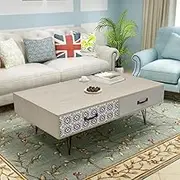 Beige Coffee Table for Living Room Storage with 4 Drawers, Sturdy Metal Legs - Farmhouse, Modern Wood Tables for Office Center, 100x60x35 cm