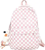 MININAI Y2K Aesthetic Checkered Backpack with Kawaii Pendant Checkerboard Backpack Cute Preppy Laptop Backpack Light Rucksack