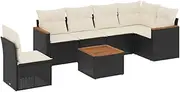 vidaXL - 7 Piece Black Poly Rattan Garden Sofa Set with Cushions - Outdoor Patio Deck Terrace Furniture - Modular Acacia Wood Top Table - Modern Lounge Armchairs and Seats