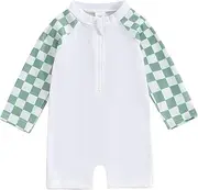 [Lesimsam] Toddler Baby Boy Swimsuit Checkered Patchwork Long Sleeve One Piece Zipper Bathing Suit Rash Guard Swimwear Sunsuit