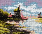 "Windmills at a Lake" Printed Canvas for Cross Stitch Tapestry Gobelin 2156
