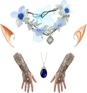 Kolacoo Elf Ear and Flower Crown Tiara Set, Renaissance Fairy Costume with Lace & Embroidery Fingerless Gloves Accessories