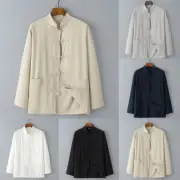 Male Blouse Men Shirt Solid Color Stand Collar Tang Suit Top Button Up