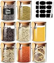 Small Glass Jars with Airtight Lid and Spoon Spice Jars with Labels 7oz Overnight Oats Containers Kitchen Accessories Food Storage Jars Containers for Coffee/Tea/Sugar/Spice/Bath Salt 8PCS