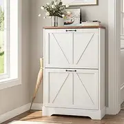 [Smart FENDEE] Shoe Storage Cabinet, Farmhouse White Shoe Cabinet Storage for Entryway, Narrow Shoe Rack Cabinet with 2 Flip Drawers (23.6IN)