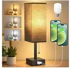 Bedside Table Lamp, Pull Chain Table Lamp with USB C+A Charging Ports, Linen