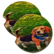 Beagle Plaid Blue Bandana Wood Car Coaster Gift Set fit Car & Truck Cup Holder