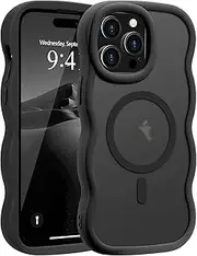 [ELEPIK] Stronger Magnetic for iPhone 14 Pro Max Case, [Non-Slip Grip] [Upgrade Strong Magnetic] Slim Protective Matte Silicone with Curly Wave Edges, Translucent Back, Black