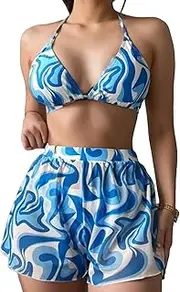 [COOLOYA] Women's Wave Print 3 Piece Triangle Bikini Sets Halter Bathing Suits with Mesh Cover Up Shorts, Blue, Small
