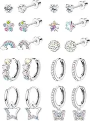 [Sanfenly] 10Pairs Small Earrings Set for Women Girls Stainless Steel Hypoallergenic Cute Studs Hoops and Dangle Earrings Set Butterfly Flower Star Heart CZ Screw Back Cartilage Earrings for Kids Baby