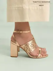 Gold Tabitha Simmons x Next Dahlia Leather Round Toe Laser Cut Detail Block Heel Sandals (AR0674) | $216