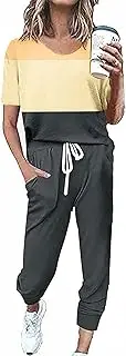 [OCEANLUX] Women's Sweatsuit Set Casual 2 Piece Outfit Color Block Short Sleeve Top Long Pant Set Jogger Travel Tracksuits