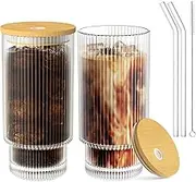 Ribbed Glassware Drinking Glasses, 12OZ, Set of 2 with Lids and Straws for Whiskey, Cocktails, Iced Coffee