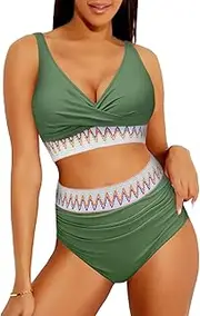 [newhsy] Women's High Waisted Bikini Set, Two Piece Tummy Control Swimwear Push Up Bikinis, Color Block Swimming Costume for Beach Pool Swimsuit Party, Army Green, L