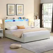 HOMFURN King Size Upholstered Bed Frame with 4 Storage Drawers，USB Charging Station and Led Lights, Beige