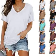 [Generic] Presencte New Casual Pullover V-Neck Solid Color Loose Ladies Tops, Summer Casual Loose Top with Solid Color T-Shirt