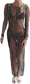 [LWXQWDS] Women's Sheer Mesh Pearl Rhinestone Cover Up Dress Sexy Summer Beach Swimwear Bikini Bathing Suit Coverups