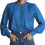 REISS Bexley Fabric Interest Top Cobalt Blue Pleated Long Sleeve Lace Blouse 6
