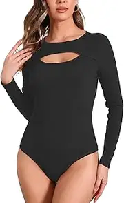 [Allegra K] Women's Bodysuit Ribbed Knitted Cut-Out Front Long Sleeve Crew Neck Bodycon Leotard Top