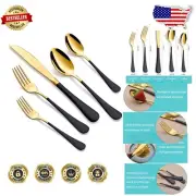Elegant 20-Piece Silverware Set for 4 - Mirror Polished Gold and Black Utensils