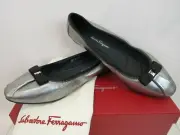 NIB SALVATORE FERRAGAMO MY JOY METALLIC SILVER LEATHER GANCINI BIT BOW FLAT 9 C